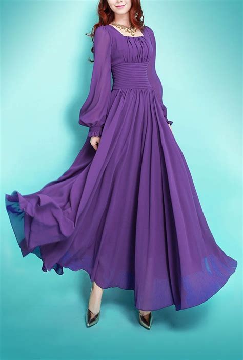 This Long Sleeve Purple Maxi Dress With A Soft Chiffon Fabric Is