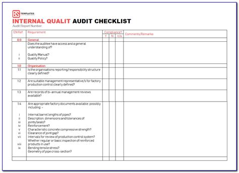 Internal Audit Checklist Template Excel