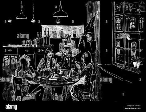 Personas Cenando En Un Restaurante Acogedor Por La Ventana Con Una Vista De La Ciudad De Noche