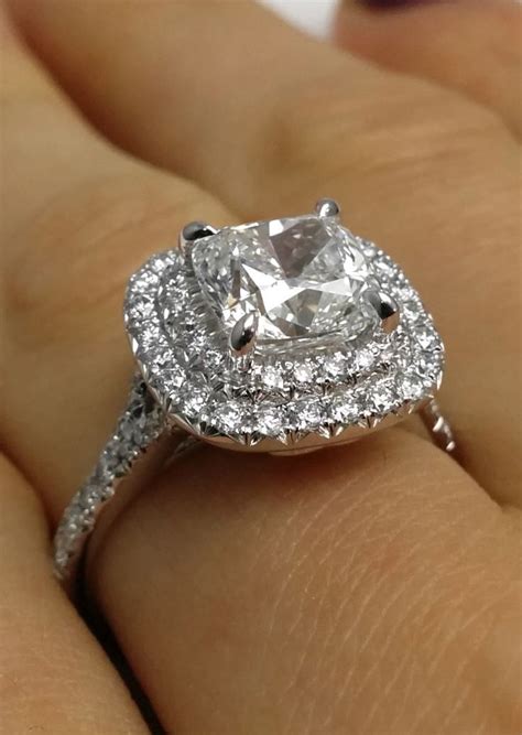 The elongated shape can make a bride's fingers look longer and more slender. Cushion Diamond Double Halo Pave Engagement Ring | ♥ ...