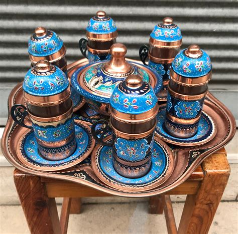 Turkish Tea Set For 6 Hand Painted And Varnished Copper Tea Etsy
