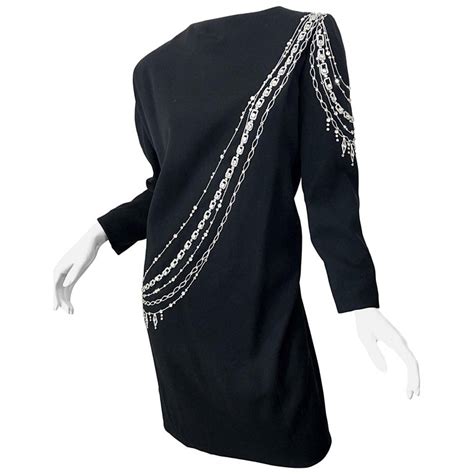 Vintage Bob Mackie Plus Size 1990s Black Silver Rhinestone Long Sleeve Dress For Sale At 1stdibs