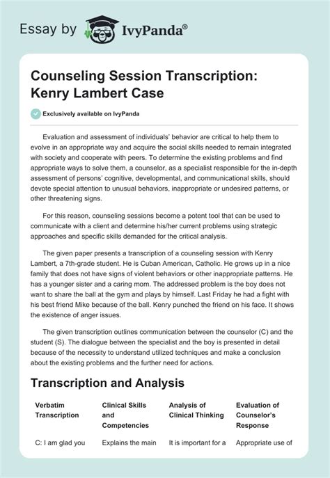 Counseling Session Transcription Kenry Lambert Case 2865 Words