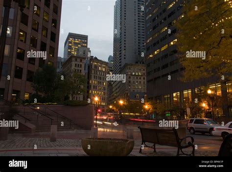 Downtown Boston At Night With Buildings And Lights Stock Photo Alamy