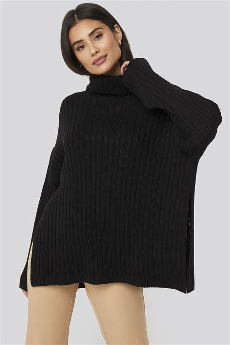Side Slit Oversized Knitted Sweater Black Na