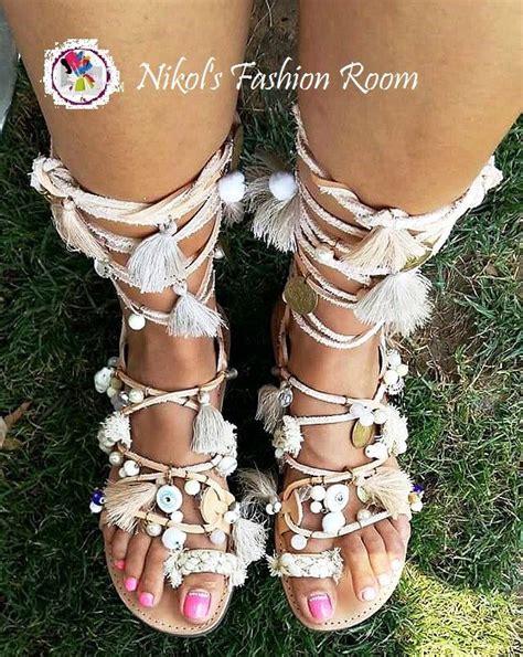 Boho Leather Gladiator Sandals Beige Or Blue Summer Sandals Etsy Bridesmaid Sandals