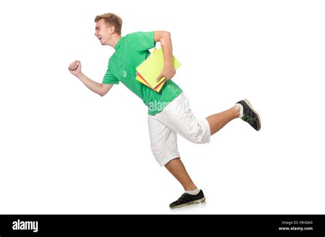Student Rushing To The Lesson Isolated On White Stock Photo Alamy
