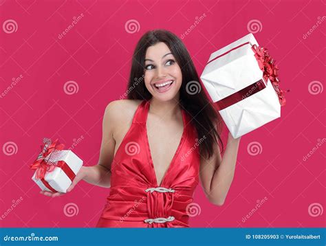 Enthusiastic Beautiful Woman With Her Ts Looking At Copy Space Stock Image Image Of Happy