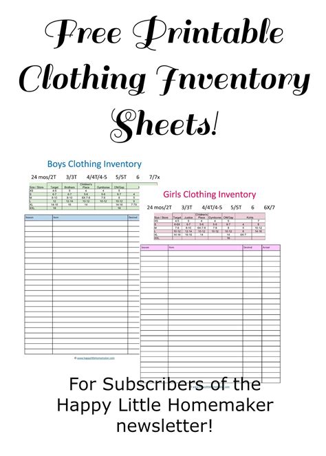 Printable Clothing Inventory Sheets 214x Baby Clothes Size Chart