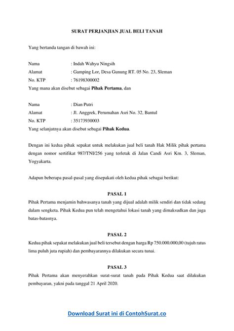 Download Contoh Surat Perjanjian Jual Beli Tanah dan Bangunan
