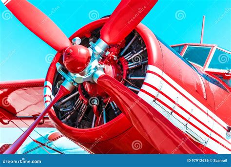 Red Retro Propeller Engine Airplane Stock Photo Image Of Blade Blue