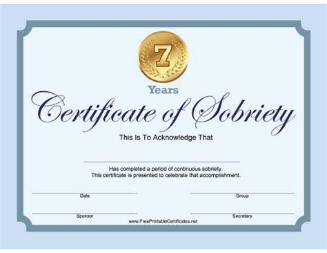 7 Years Sobriety Certificate Blue Printable Certificate Regarding