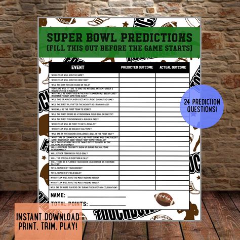 Super Bowl Prediction Game Instant Download Super Bowl Games Super Bowl