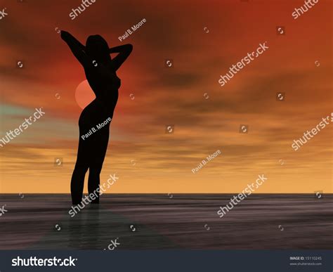 Silhouette Illustration Nude Girl Ocean Stock Illustration
