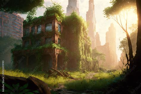 Concept Art Illustration Of Post Apocalyptic City Overgrown With Lush