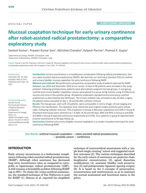 PDF Mucosal Coaptation Technique For Early Urinary Continence After Robot Assisted Radical