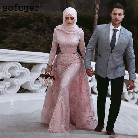 Pink Muslim Style Mermaid Wedding Dresses Hijab Saudi Arabic Detachable