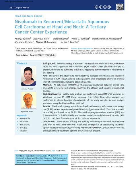 Pdf Nivolumab In Recurrentmetastatic Squamous Cell Carcinoma Of Head