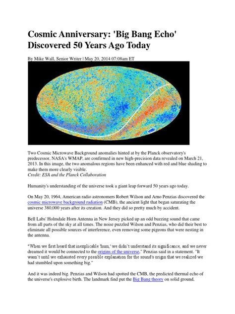 Cosmic Anniversary Big Bang Echo Discovered 50 Years Ago Today Pdf