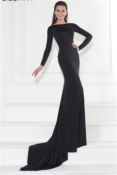 fitted long sleeve sheer illusion back black jersey evening prom dress