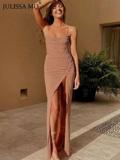 Julissa Mo Elegant Side Split Ruched Slip Sexy Midi Dress For Women Summer Lacing Backless Slim