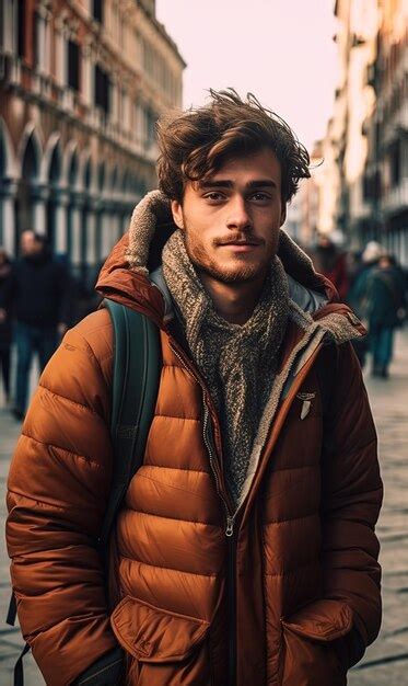 Premium Ai Image Young Caucasian Man Walking In Winter Through The