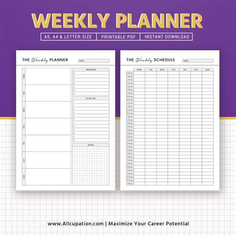 Printable Weekly Planner Weekly Schedule Weekly Organizer A5 A4
