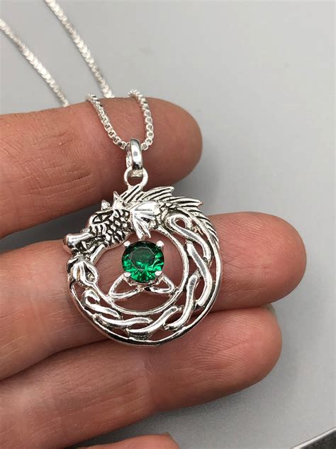 Celtic Dragon Emerald Necklace In Sterling Silver With Chain Trinity