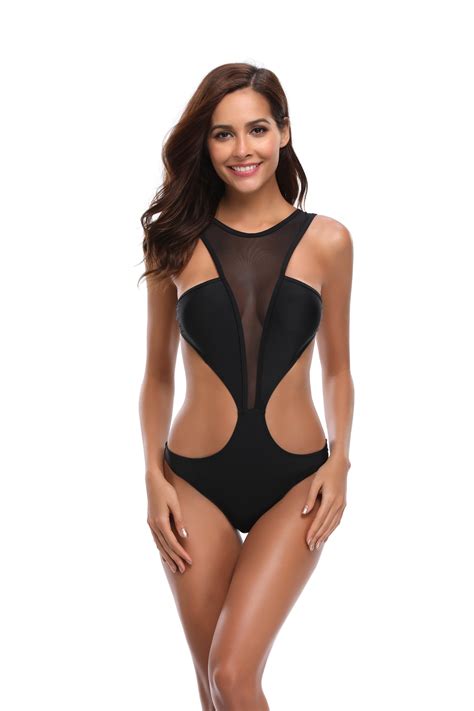 Urhomepro New One Piece Swimsuits Women Sexy See Through Mesh Bathing Suit High Waisted