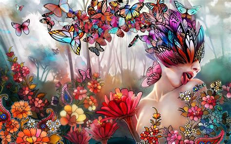 Fantasy Art Women Girl Butterfly Lips Face