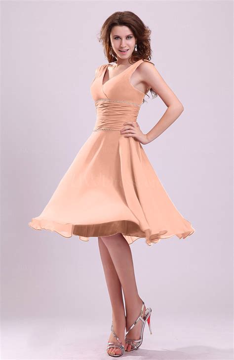 Peach Cute A Line Sleeveless Chiffon Knee Length Ruching Bridesmaid Dresses