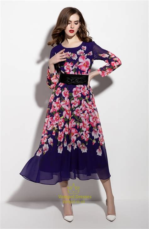 Purple Floral Print Long Sleeve Chiffon Dress With Belt Vampal Dresses