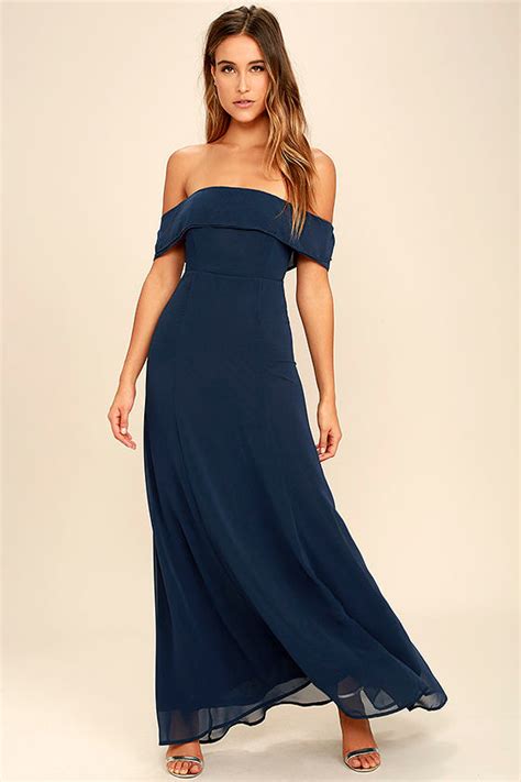Lovely Navy Blue Dress Off The Shoulder Dress Maxi Dress Gown