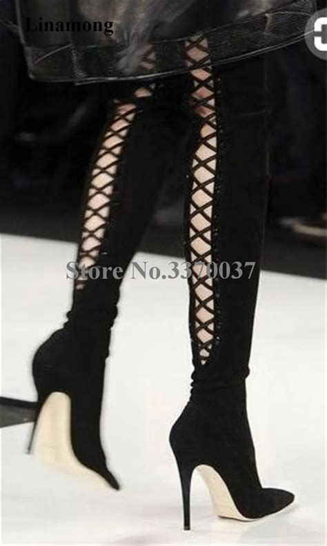 ladies sexy back lace up suede leather over knee gladiator boots cut out pointed toe high heel