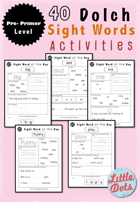 Dolch Sight Words Activities Pre Primer Pre K Level Dolch Sight