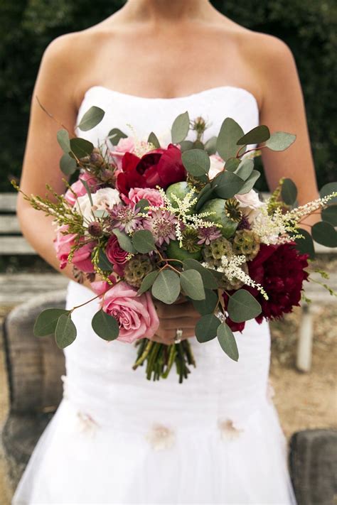 Create A Rustic Bouquet With Greenery Scabiosa Pods Pink Roses And
