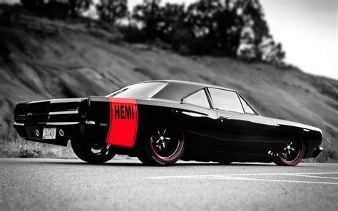 Download Cruise In Style With This Sleek Black Muscle Car Wallpaper