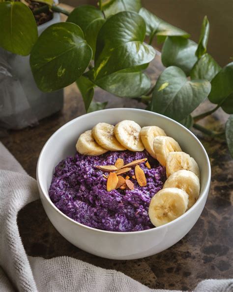 Ube Oatmeal With Coconut Milk Toasted Almonds And Banana — Thekathyfeed