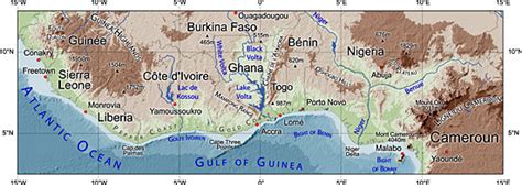 Topographic Map Of Southern West Africa With Geographic Place Names