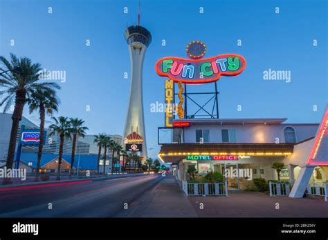 View Of Fun City Motel And Stratosphere Tower At Dusk The Strip Las