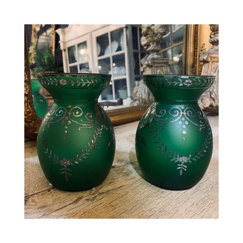 C1900 French Vase Pair Silver Overlay Green Glass