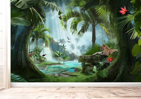 Tiger In The Jungle Wall Mural Wallpaper Wall Art Peel And Stick Etsy
