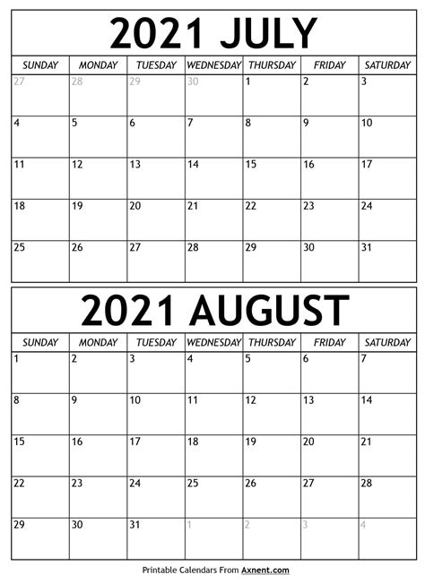 Printable Calendar August 2021 August 2021 Monthly Calendar Monthly