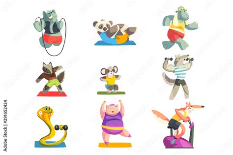 Cute Animals Wearing Uniform Doing Exercises Using Sports Equipment Set