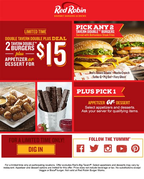 As much as we'd like to breakdown prices, rates (and even dish offerings) may differ per location or branch. Red Robin - Double Tavern Double Plus Deal | Events ...