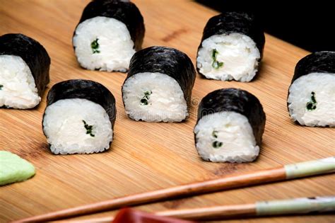 Maki Sushi With And Spring Onion Inside. Stock Image - Image of ...