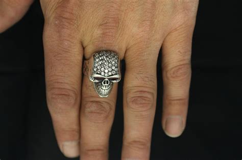 Custom Diamond Pave Smiling Skull Ring With Ruby Eyes In Sterling Sil