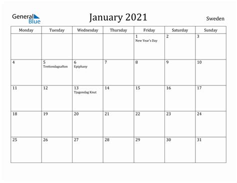 January 2021 Sweden Monthly Calendar With Holidays