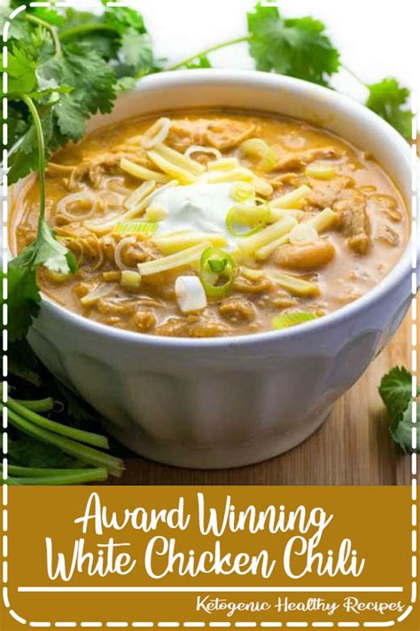 This white chicken chili recipe serves four people and, as a rough approximation, each of those servings has 472 calories, 25.3 grams of carbohydrates this is the heart of the flavor for the white chicken chili recipe, as well as making it visually appealing. Award Winning White Chicken Chili - Food Brenda