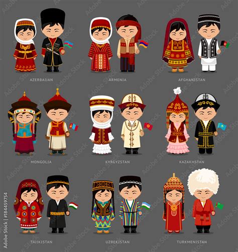 People In National Dress Mongolia Kazakhstan Kyrgyzstan Azerbaijan